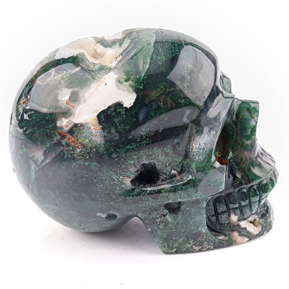 Moss Agate Druzy Geode Skull Carving - Picture 7 of 11